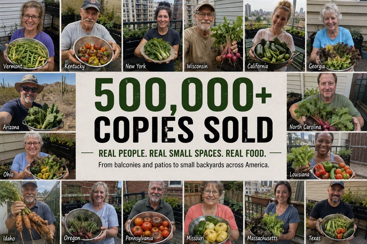 People holding homegrown vegetables from small spaces across the United States