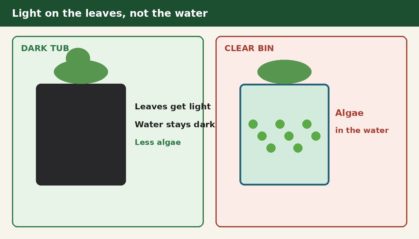 Dark tub blocks light on the water; clear tub grows algae