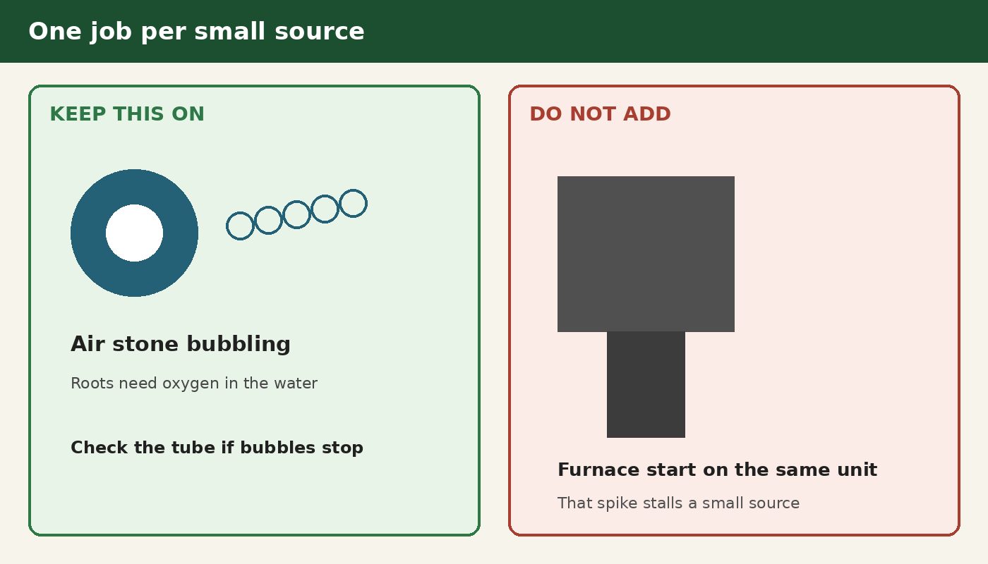 Keep the air stone running; do not add the tub to a furnace start