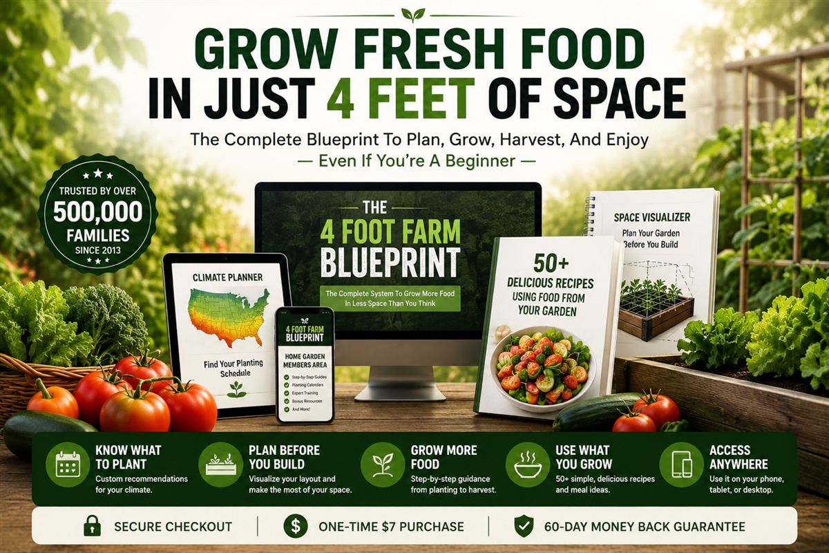 The Complete 4 Foot Farm Blueprint shown on a laptop, tablet, and phone beside fresh greens and tomatoes